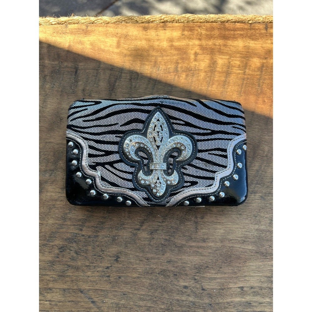 Y2K Zebra Wallet Rhinestone Fleur De Lis Western Bling Cowgirl Clutch